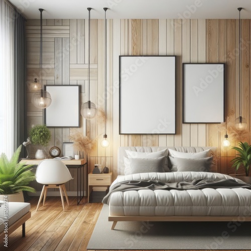 Bedroom sets have template mockup poster empty white with Bedroom interior and a chair and a desk image art lively card design.