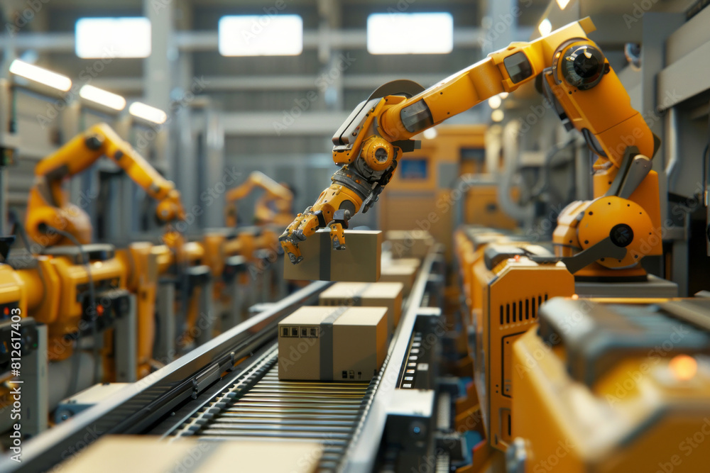 Automatic robot arm sorts cardboard boxes on a conveyor line. AI generated Automatic robot arm sorts cardboard boxes on a conveyor line. AI generated