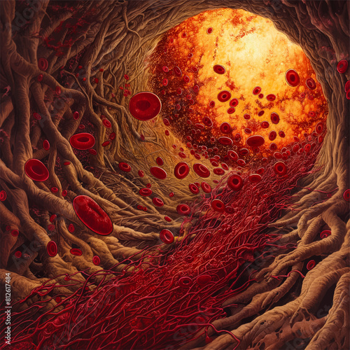 Inside the blood vessels are red blood cells. And there is fat in the blood vessels.