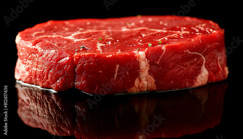 Juicy Tenderloin Steak on Reflective Black Surface photo