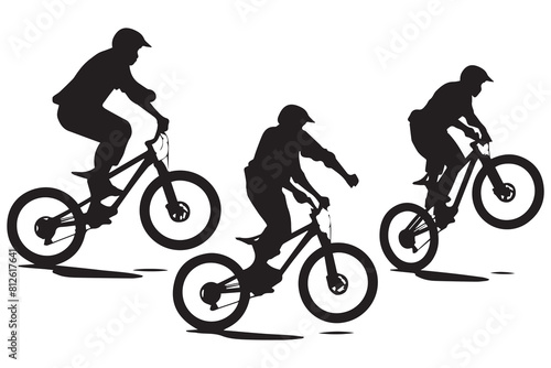 jumping bicyclist silhouettes in black on white background