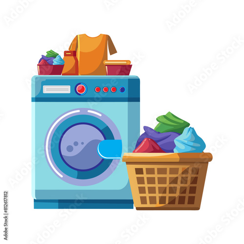 Washing mashine with clothes concept. Laundry, hygiene and cleanliness. Routine and household chores. Rope with underwear, basket for dirty items. Cartoon flat vector illustration