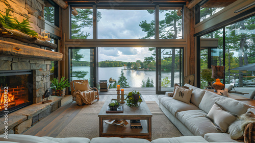 Cozy Lake House Living Room with Fireplace and Forest View photo