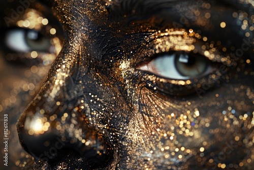 Close-up of a person's face with gold paint, suitable for beauty or fashion concepts