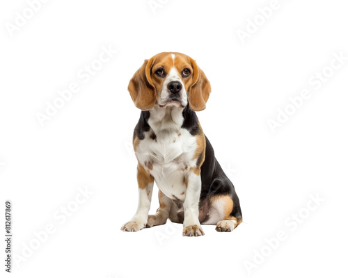 A beagle dog is sitting on a white background