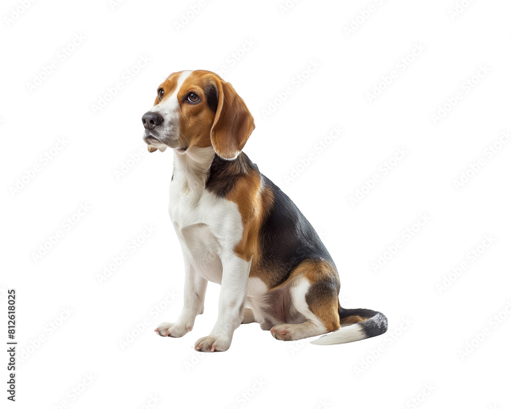 A brown and white dog is sitting on a white background