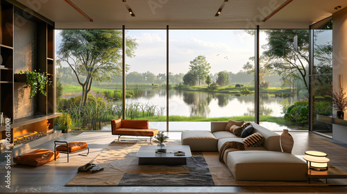 Modern Lake View Living Room with Panoramic Windows
