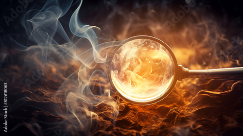 A close-up of smoke rising from a magnifying glass focusing sunlight onto a single point, creating a wispy vortex. photo