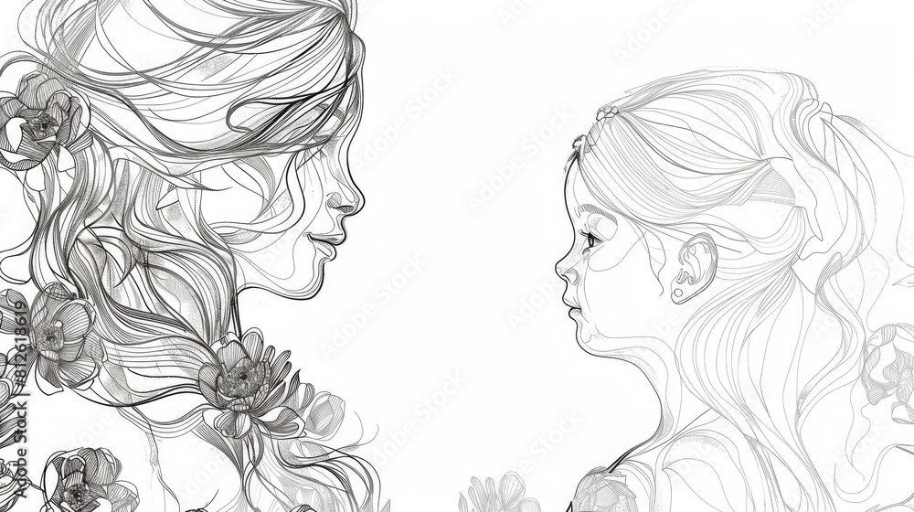 mother's day silhouettes, fine detail line drawing on a white background, 16:9 mother's day silhouettes, fine detail line drawing on a white background, 16:9