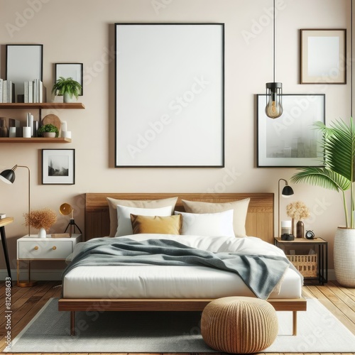 Bedroom sets have template mockup poster empty white with Bedroom interior and a plant art art photo photo.