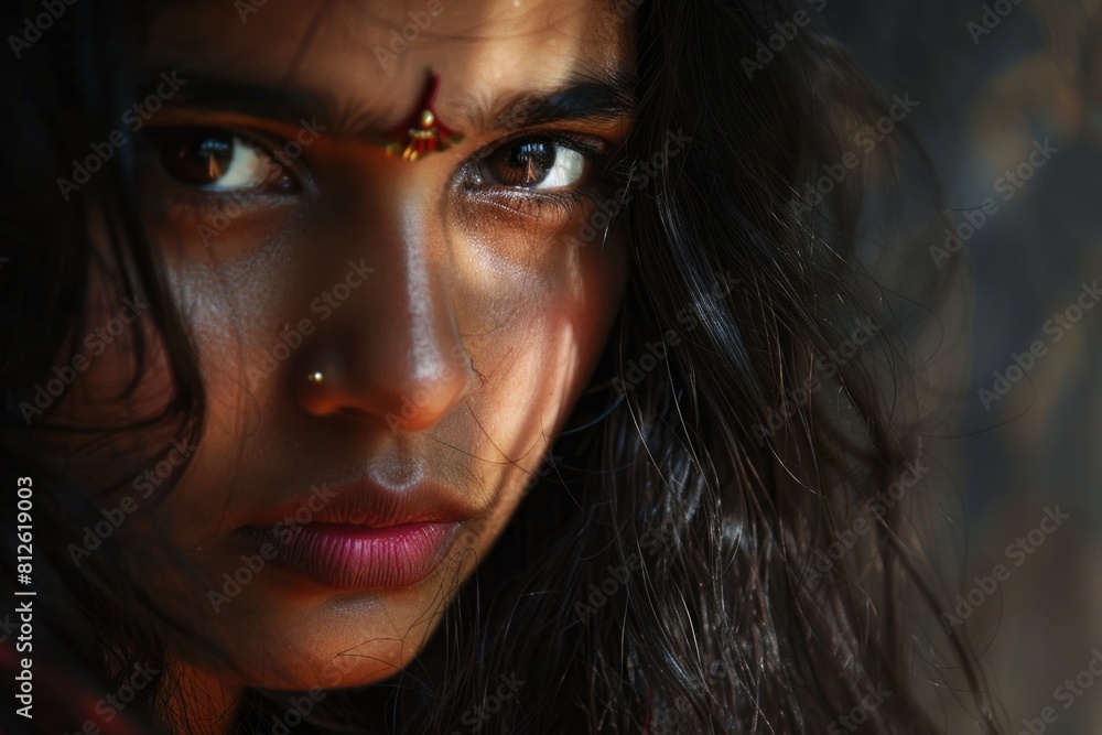 Close up of a woman with a piercing on her forehead. Suitable for beauty and fashion concepts Close up of a woman with a piercing on her forehead. Suitable for beauty and fashion concepts