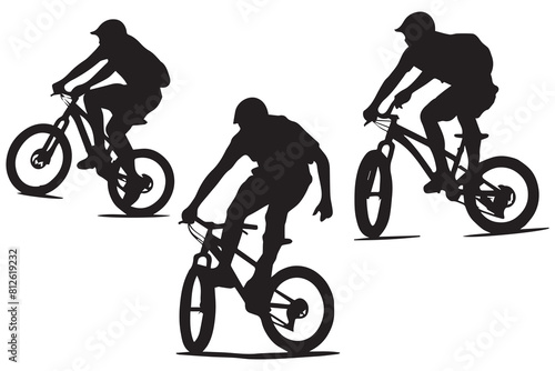 jumping bicyclist silhouettes in black on white background