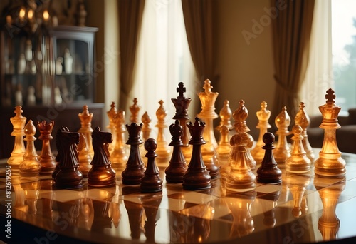 World chess day with luxrious chess board along bright lights and royal and natural backgeound concept