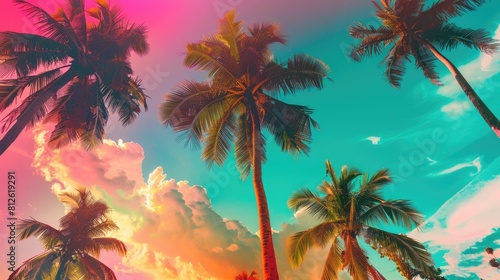 Coconut trees and colorful sky at a tropical beach photo