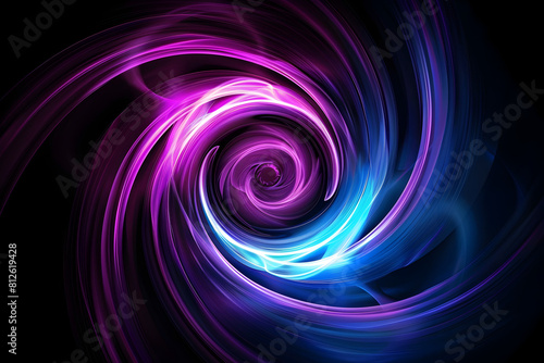 Hypnotic neon swirl design with blue and purple glowing accents. Abstract art on black background.