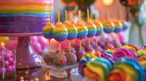 39 A festive scene of a Pridethemed cocktail party, with a focus on desserts like rainbow cake pops and colorthemed beverages