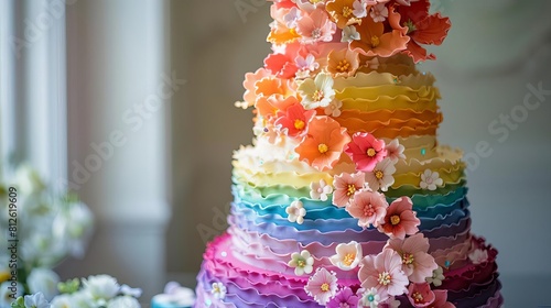 50 A luxurious Pride celebration with a detailed shot of a multitier rainbow cake with cascading edible flowers photo