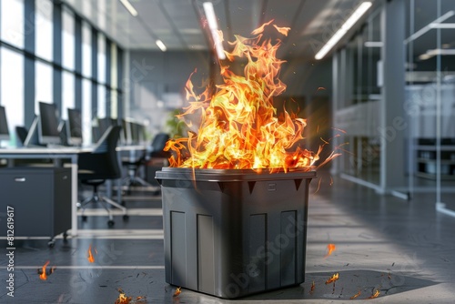 Fire hazard: flaming trash can causing office blaze in corner photo