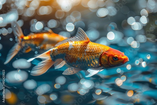 A goldfish with enhanced, vivid coloring swims in dark blue water, with defocused light creating an artistic backdrop