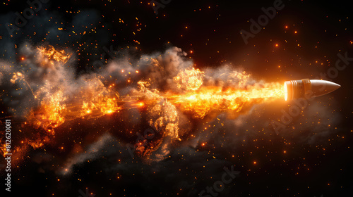 A missile rocket with fire trail isolated on transparent background