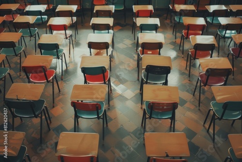 Empty Desks in Classroom for Tests - College Education Concept © AIGen