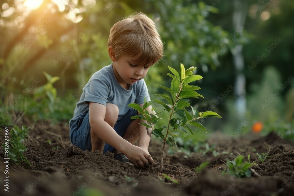 Focused little boy gently plants a young tree into fertile earth, nurturing growth in a peaceful garden setting Focused little boy gently plants a young tree into fertile earth, nurturing growth in a peaceful garden setting