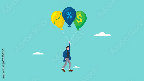 return on investment or dividend leads to financial freedom, compound interest growth on capital, successful investment strategy, businessman flying using balloon with dollar icon and growth graph