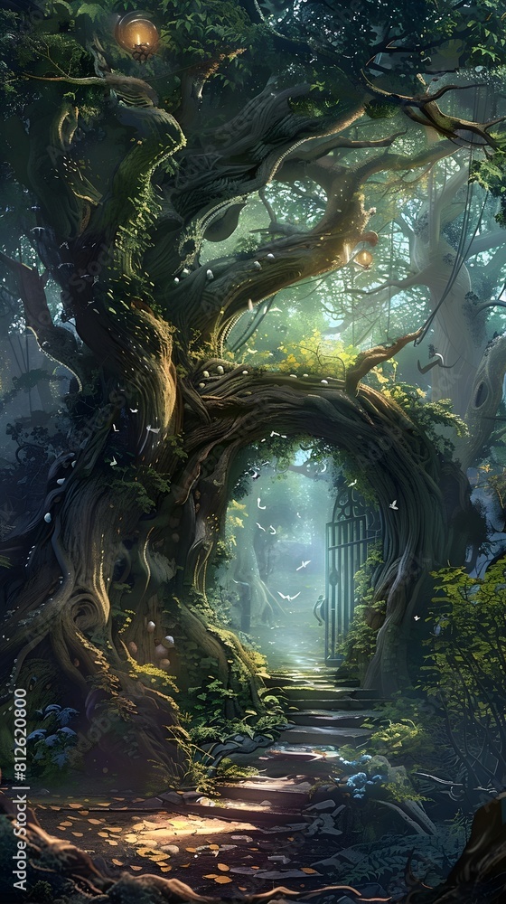 Enchanting Fairytale Forest with Glowing Mystical Gateway Leading to a Serene Dreamlike Pathway Enchanting Fairytale Forest with Glowing Mystical Gateway Leading to a Serene Dreamlike Pathway
