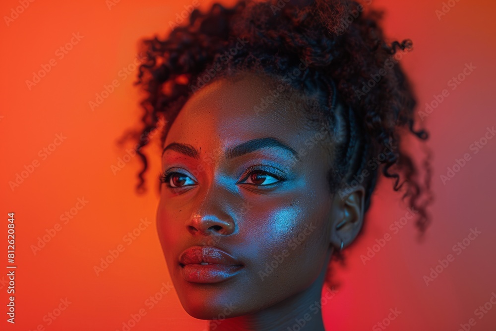 A mesmerizing image of a woman basking in the glow of red and blue neon lights showcasing a futurist aesthetic A mesmerizing image of a woman basking in the glow of red and blue neon lights showcasing a futurist aesthetic