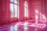 An empty lavishly designed room with sunrays reflecting on pink walls and patterned floor
