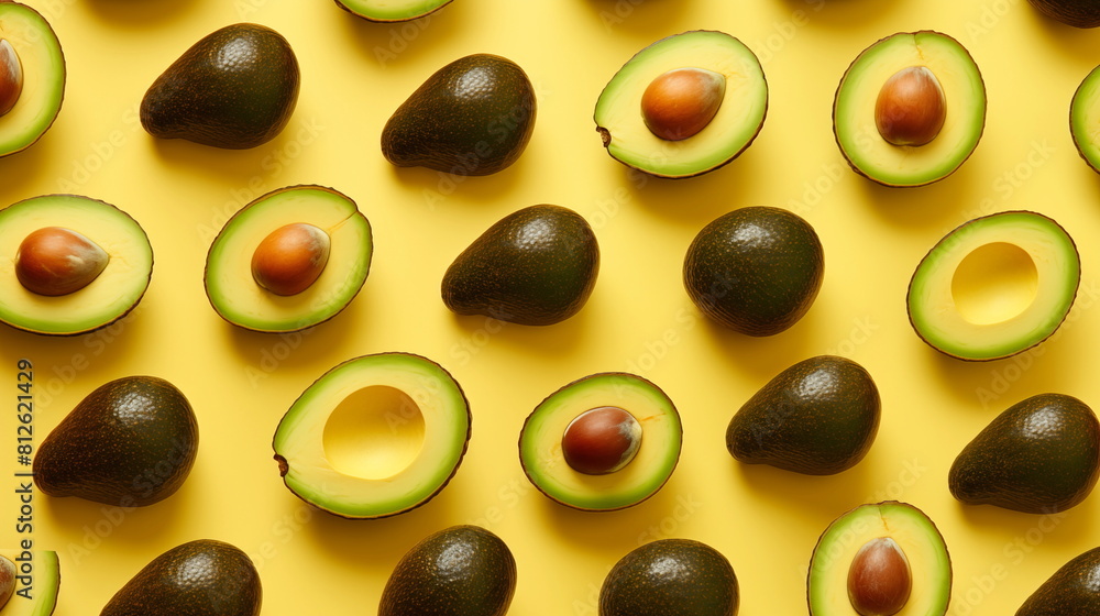 Avocados halved on yellow background, natural food ingredient Avocados halved on yellow background, natural food ingredient