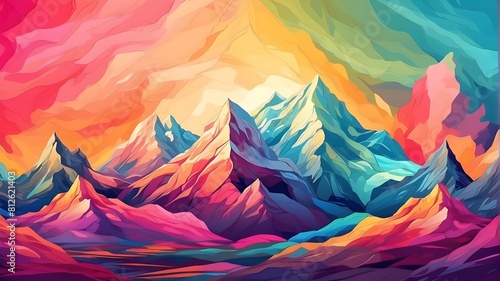 Decorative abstract mountain wallpaper background in vibrant colors. © Amjad art