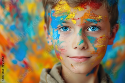 Close-up of a playful boy with a vibrantly painted face  against an artistic  colorful background