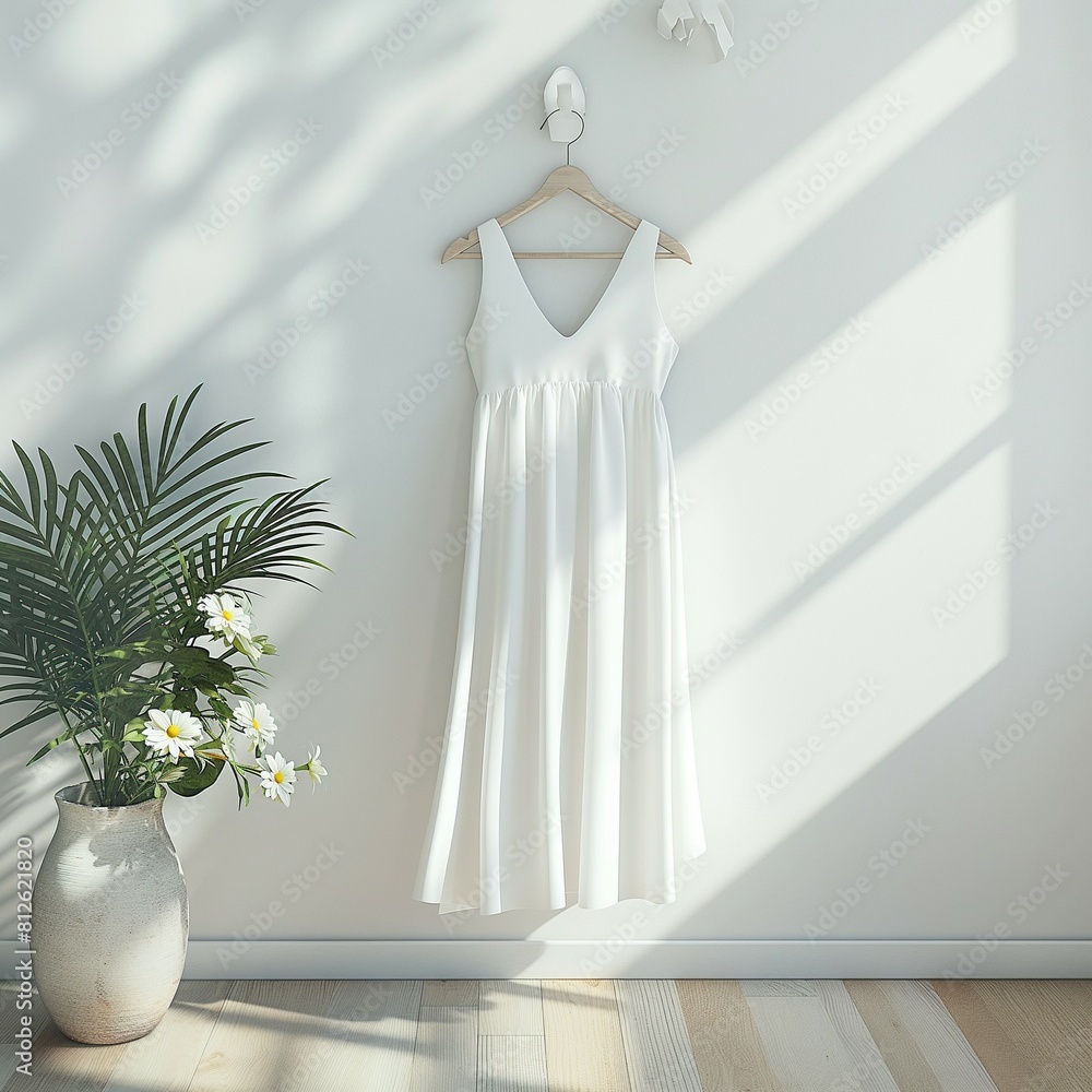 White dress mockup, lovely dress hanging on wall hanger White dress mockup, lovely dress hanging on wall hanger
