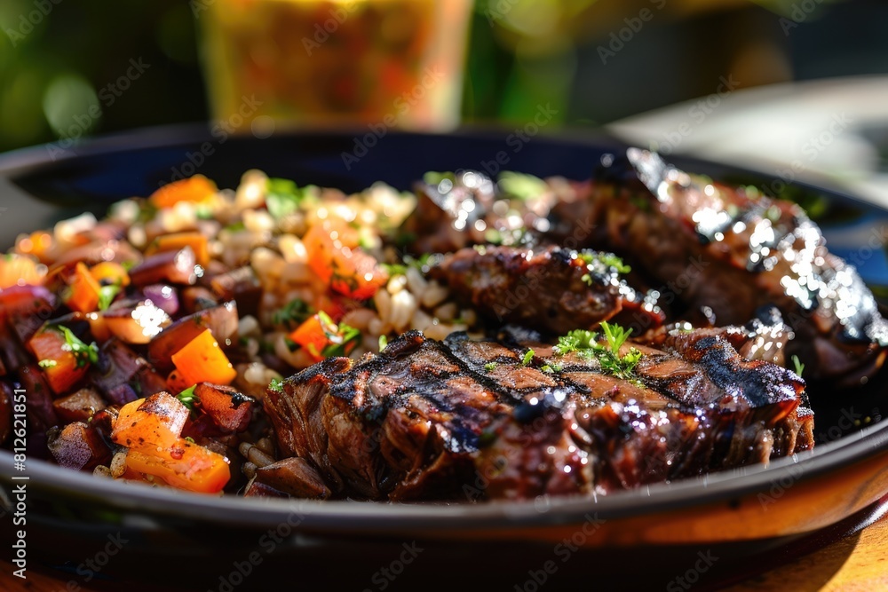 Gallo Pinto - Traditional Costa Rican Dish of Rice and Beans Served with Grilled Beef Steak 