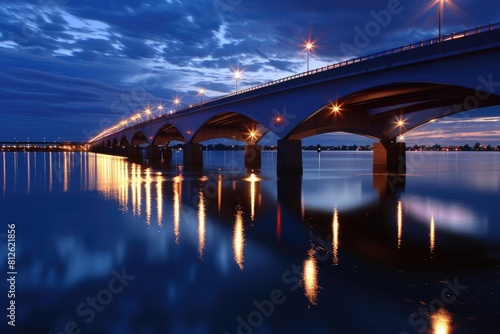 Beautiful Night Lights of Woodrow Wilson Bridge Illuminating the Blue Evening Sky and Clouds photo