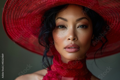 Portrait of an Asian-American woman exuding sophistication in a red lace attire complemented by an oversized hat