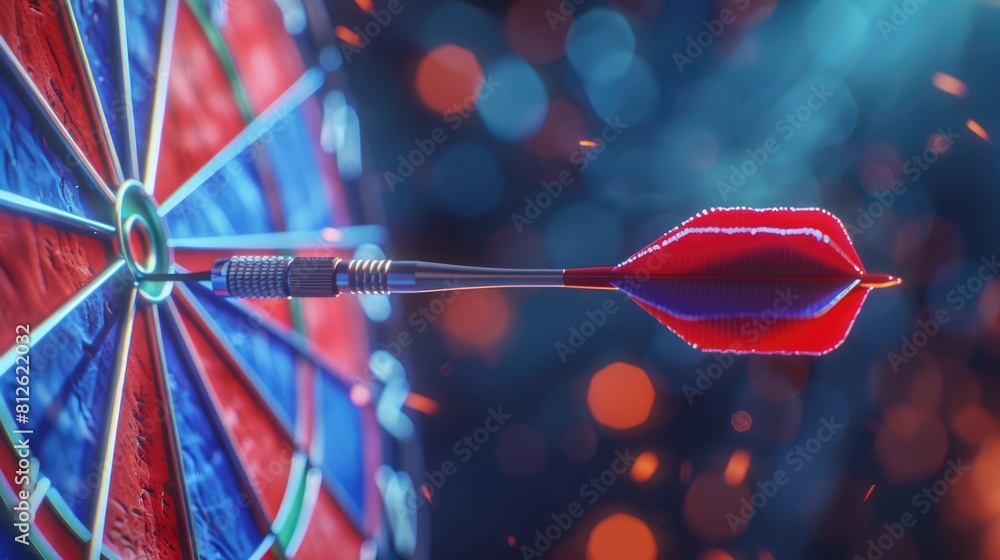 Accurate Arrow Hits Target in Darts Competition. Red and Blue Darts with Closeup of Number Score Accurate Arrow Hits Target in Darts Competition. Red and Blue Darts with Closeup of Number Score