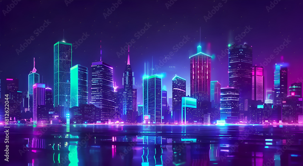 A city skyline is lit up in neon colors, creating a vibrant and energetic atmosphere. The city appears to be bustling with activity, as the lights reflect off the water and buildings. Generative AI