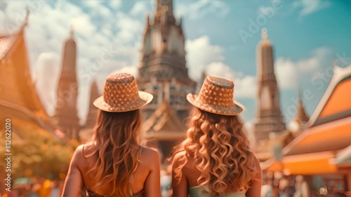 Amarican friends, travel and tourism concept. Beautiful american girls looking for direction in the thailand wat arun,generative ai photo