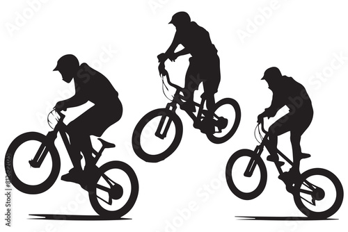 jumping bicyclist silhouettes in black on white background