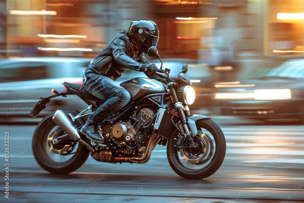 A motorcyclist dressed in black leather races through urban streets with motion blur, signaling speed and motion