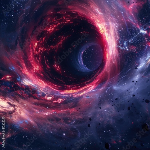 Gargantua Galaxy Design. Red Wormhole or Black Hole Shine in Space with 3D Graphic Illustration