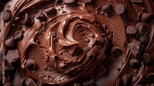 close up of chocolate swirls and chocolate pieces background, 3d rendering