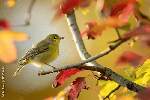 Tennessee Warbler Perched on Tree in Fall. Beautiful Bird in Natural Habitat, Embracing photo