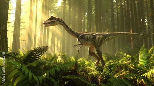 Carnivorous Coelophysis Dinosaur in Ancient Forest of Ferns and Fir Trees. 3D Rendering photo