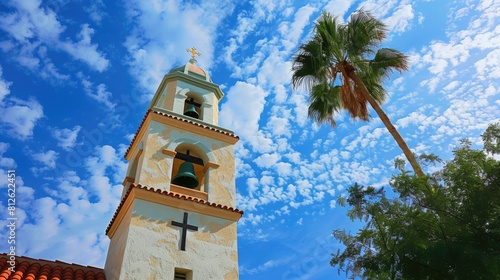 Blue Sky and Cross Above McAllen Texas Church Bell Tower - Religious Building Towering photo