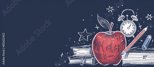 Back to school concept with apple, books, and alarm clock on a blue background photo