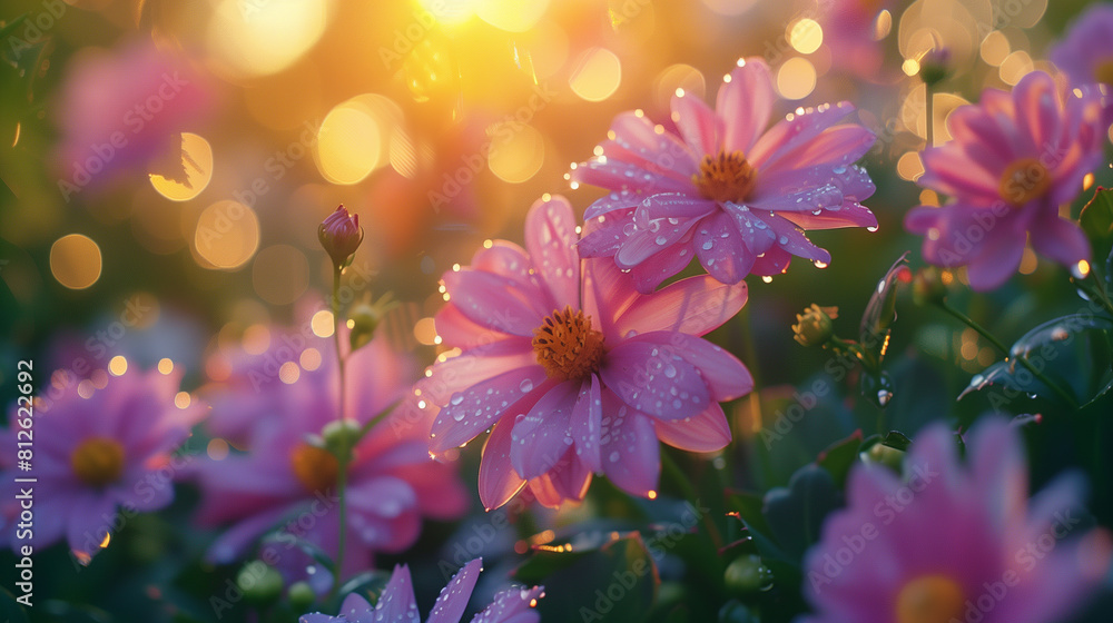 Pink flowers in the garden with morning light, dewdrops on petals reflecting the sunrise, creating a soft and enchanting garden scene. Pink flowers in the garden with morning light, dewdrops on petals reflecting the sunrise, creating a soft and enchanting garden scene.