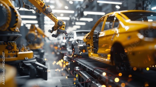 Robotic arms efficiently assembling yellow cars in an advanced automotive factory photo